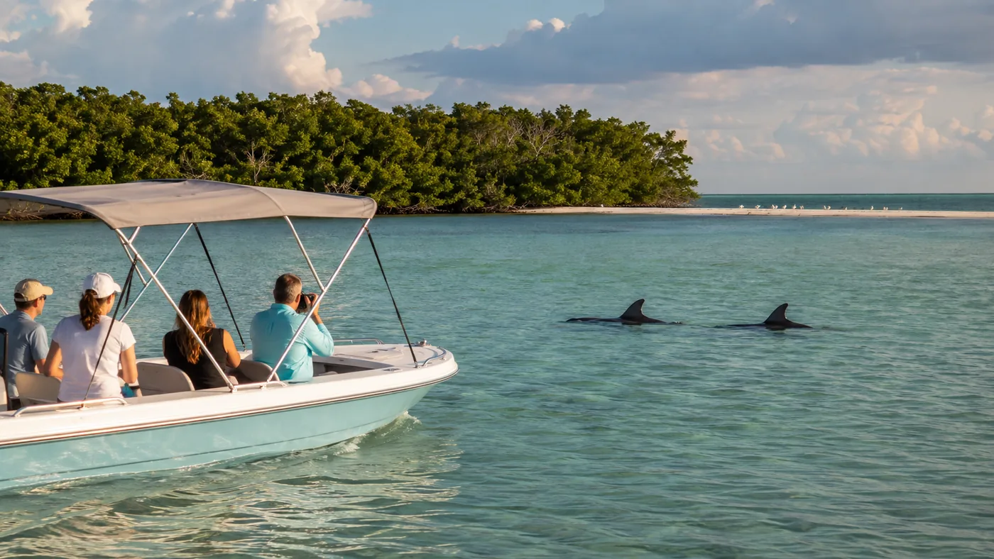 Passengers on a small bimini-topped tour boat watching two bottlenose dolphins surface a good distance away on a shallow bay off a mangrove shore